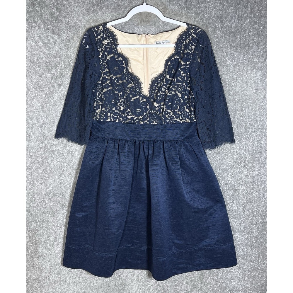Eliza J Dress Womens Size 12 Blue Floral Lace Upper V-Neck Pockets 3/4 Sleeve